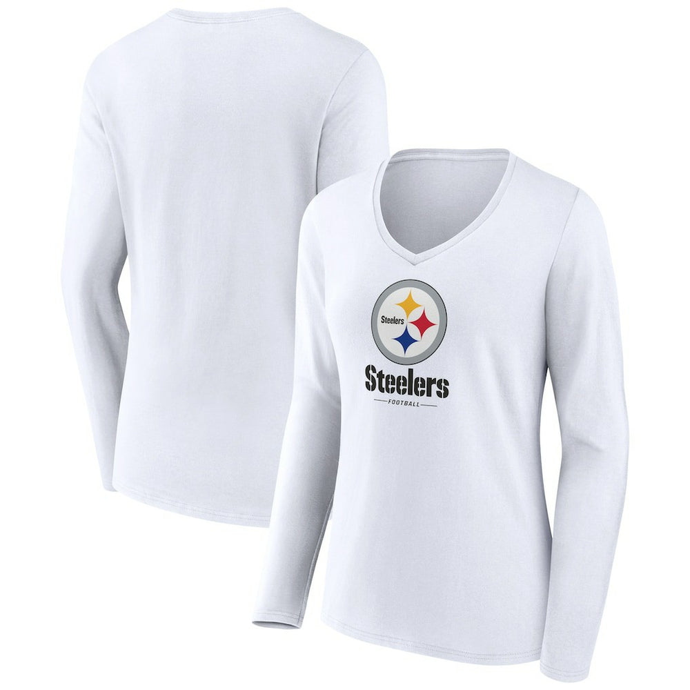 Pittsburgh Steelers Women's Logo Team Lockup Long Sleeve V-Neck T-Shirt White