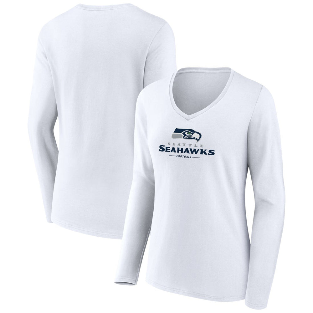 Seattle Seahawks Women's Logo Team Lockup Long Sleeve V-Neck T-Shirt White