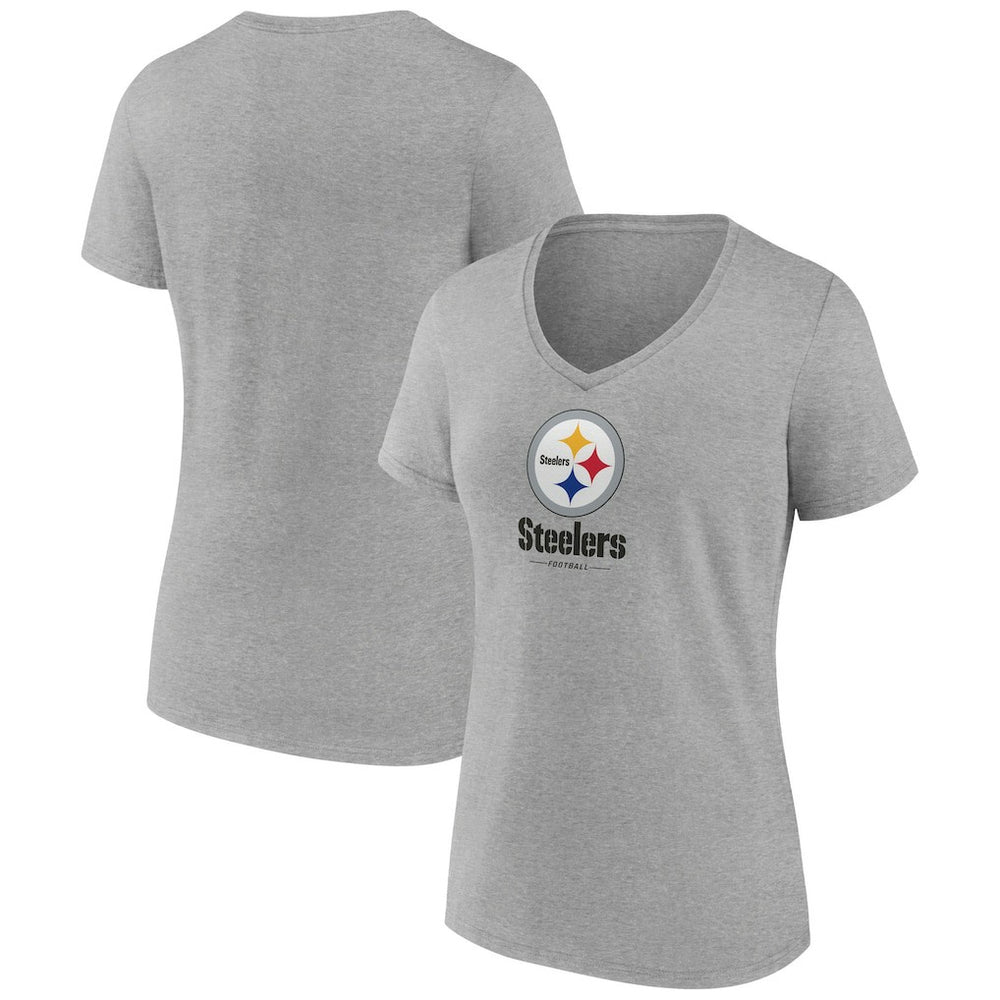 Pittsburgh Steelers Women's Logo Team Lockup V-Neck T-Shirt Gray