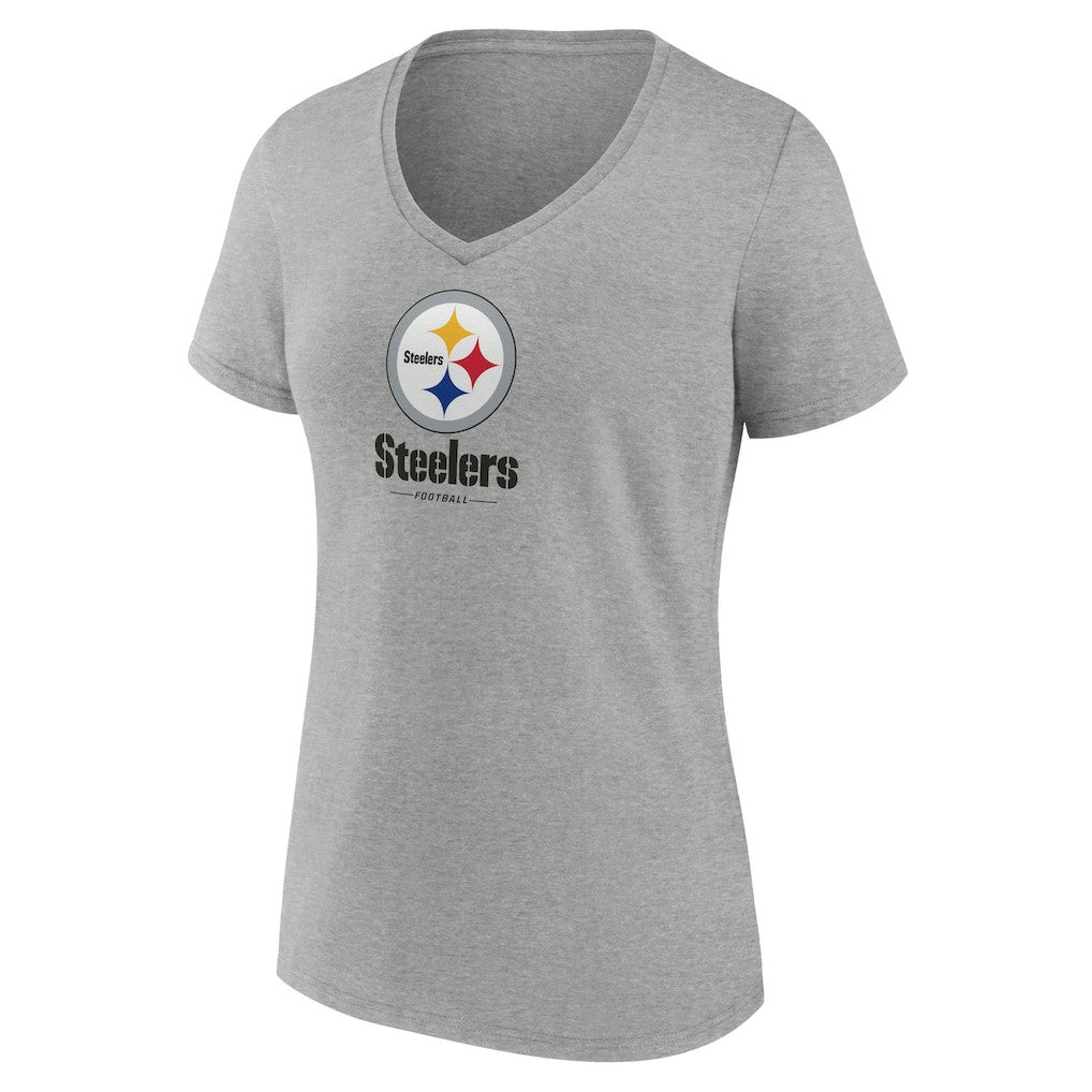 Pittsburgh Steelers Women's Logo Team Lockup V-Neck T-Shirt Gray