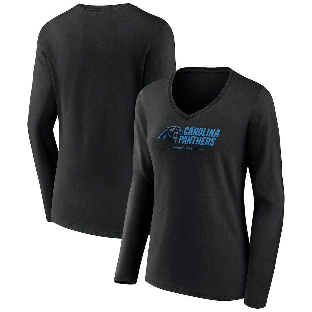 Carolina Panthers Women's Logo Team Lockup Long Sleeve V-Neck T-Shirt Black