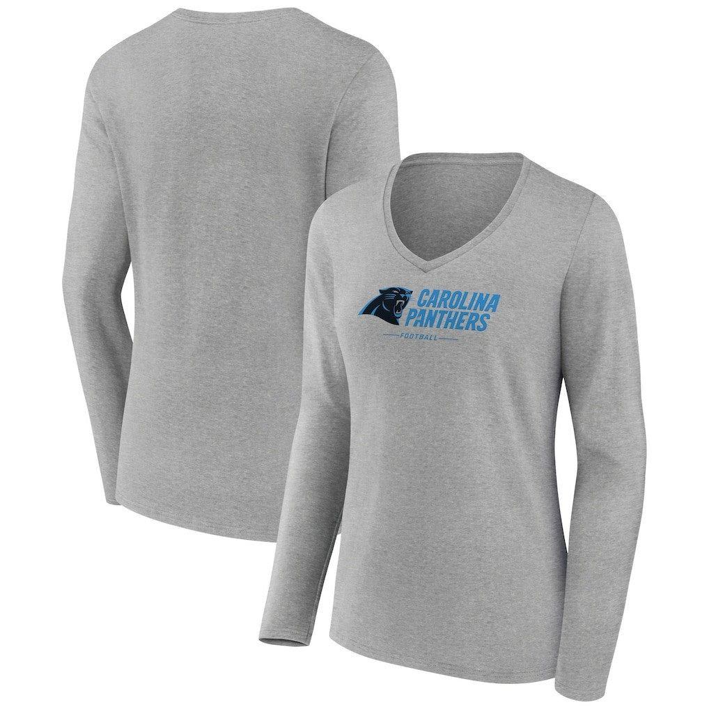 Carolina Panthers Women's Logo Team Lockup Long Sleeve V-Neck T-Shirt Heather Gray