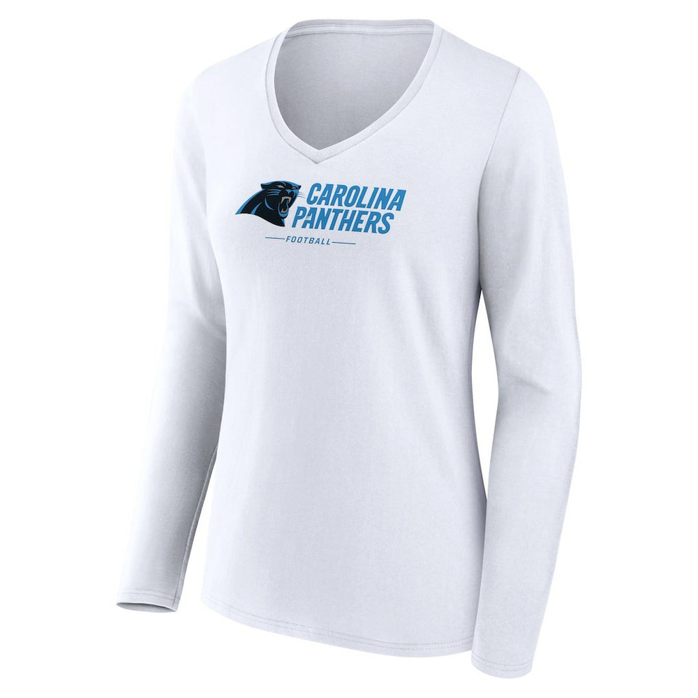 Carolina Panthers Women's Logo Team Lockup Long Sleeve V-Neck T-Shirt White
