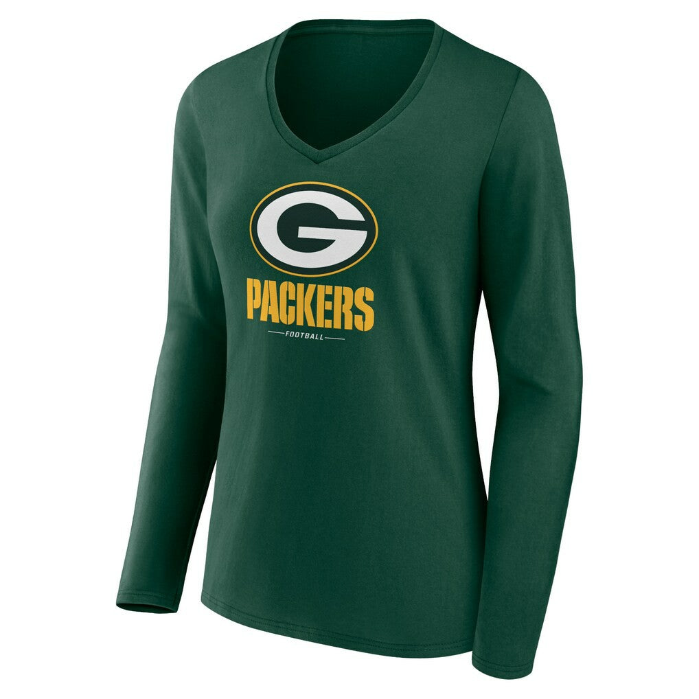 Green Bay Packers Women's Logo Team Lockup Long Sleeve V-Neck T-Shirt Green