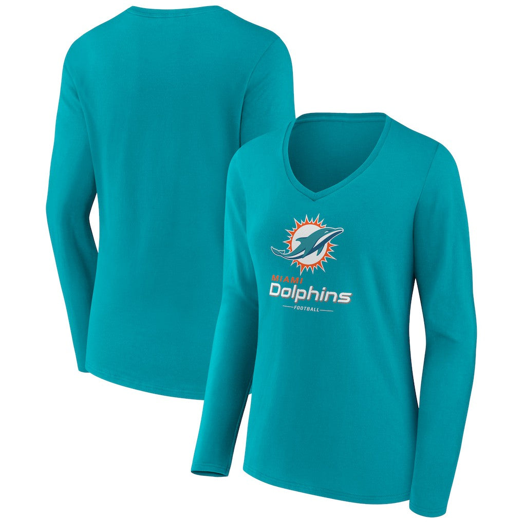Miami Dolphins Women's Logo Team Lockup Long Sleeve V-Neck T-Shirt Aqua