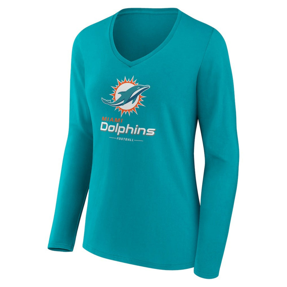 Miami Dolphins Women's Logo Team Lockup Long Sleeve V-Neck T-Shirt Aqua