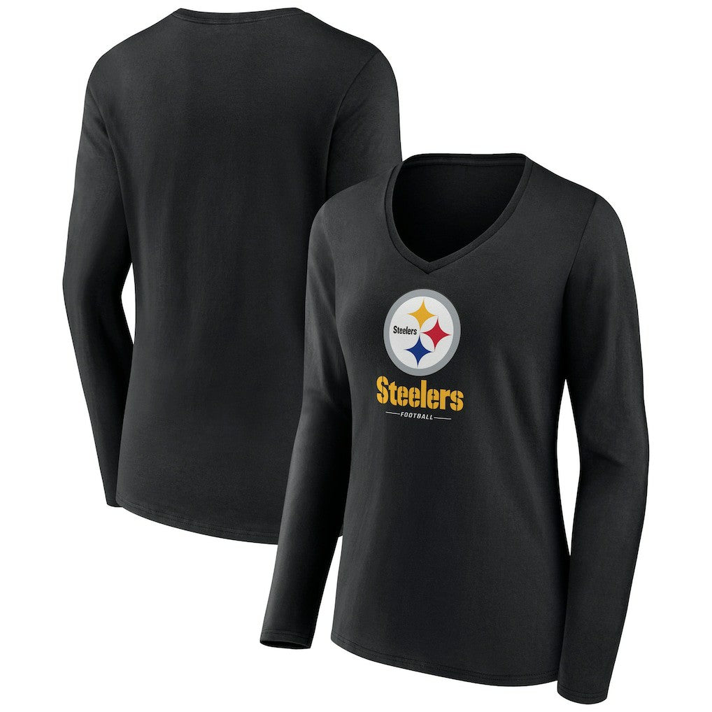 Pittsburgh Steelers Women's Logo Team Lockup Long Sleeve V-Neck T-Shirt Black