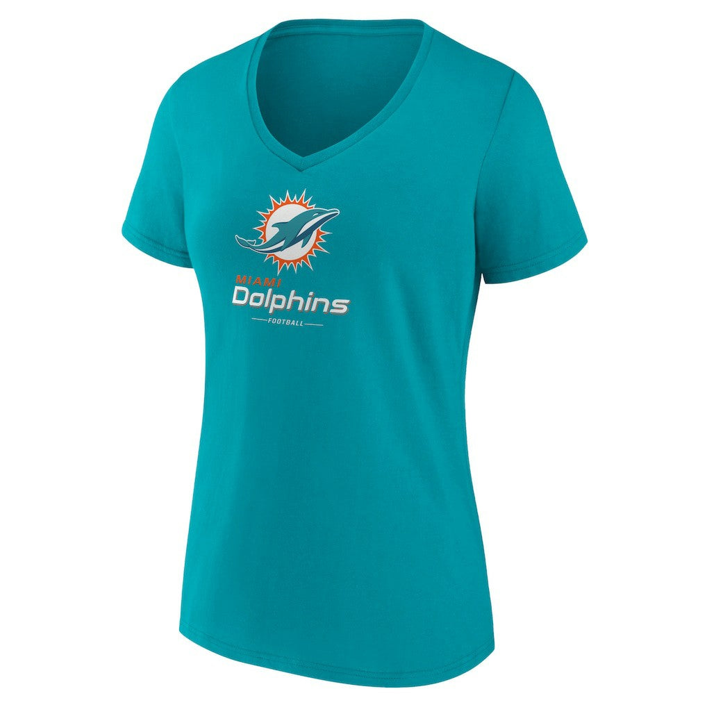 Miami Dolphins Women's Logo Team Lockup V-Neck T-Shirt Aqua