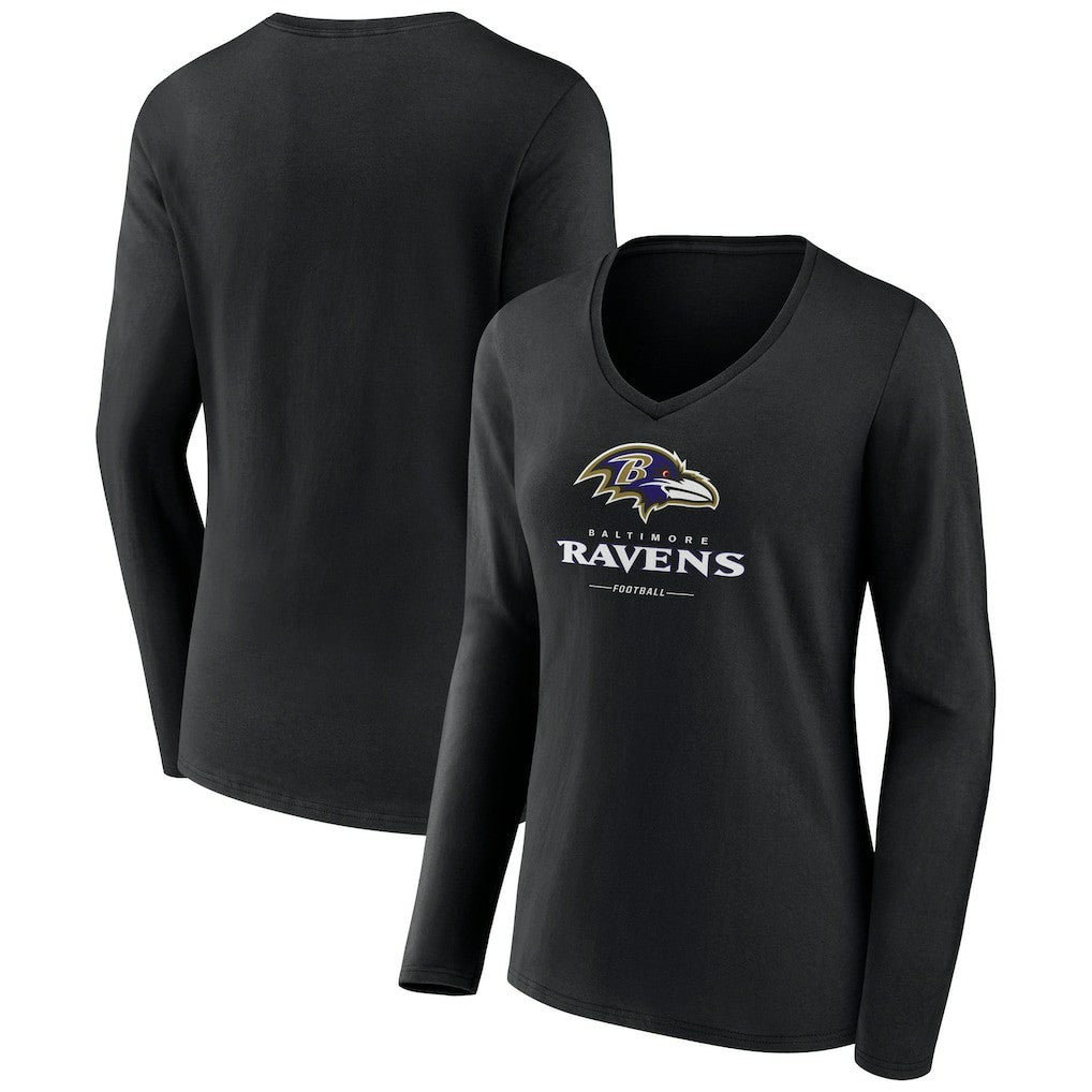 Baltimore Ravens Women's Logo Team Lockup Long Sleeve V-Neck T-Shirt Black