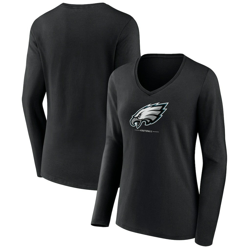 Philadelphia Eagles Women's Logo Team Lockup Long Sleeve V-Neck T-Shirt Black