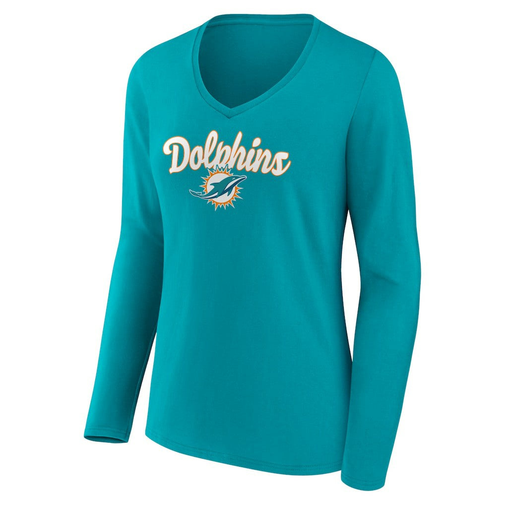 Miami Dolphins Women's Freehand Team Long Sleeve V-Neck T-Shirt Aqua