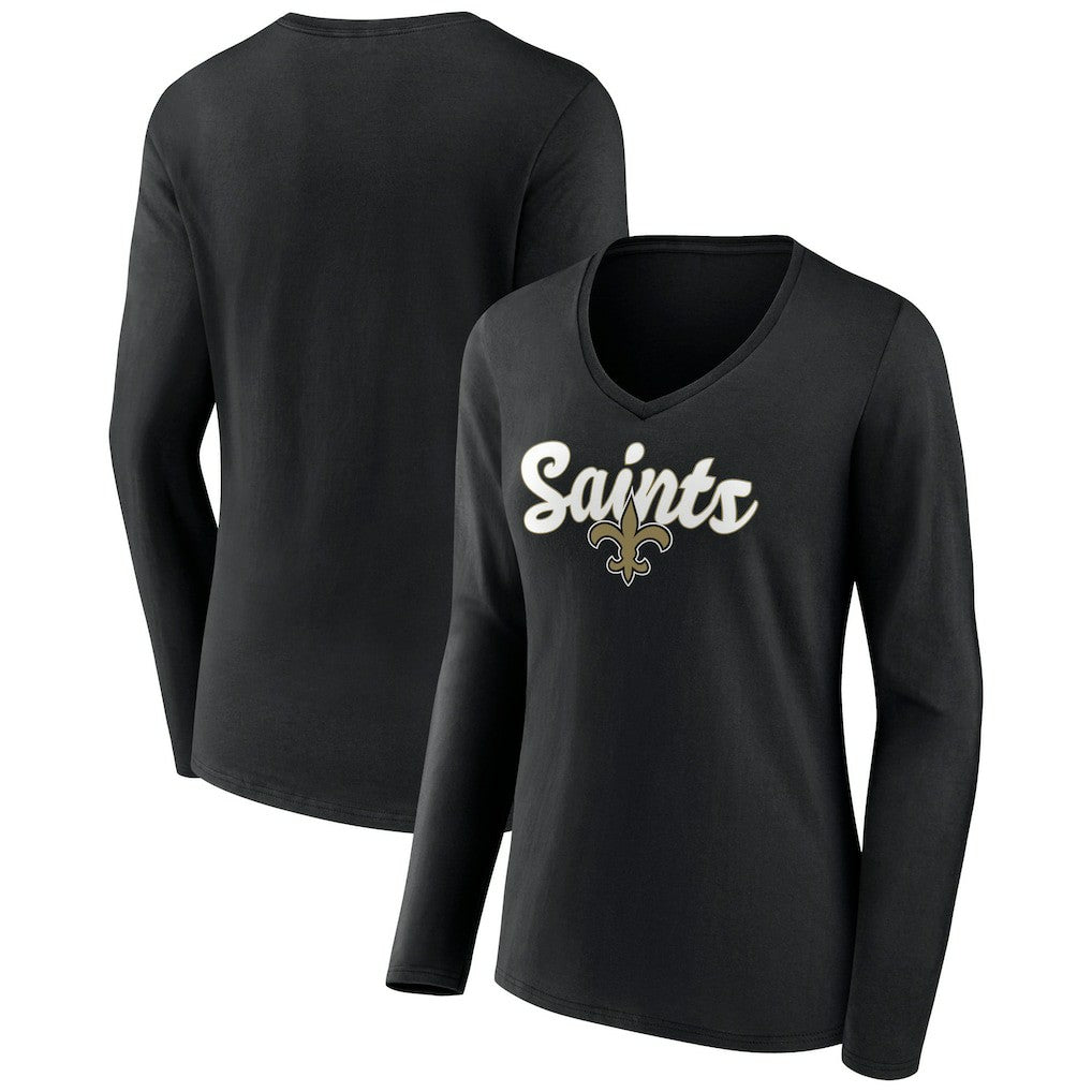 New Orleans Saints Women's Freehand Team Long Sleeve V-Neck T-Shirt Black