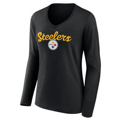 Pittsburgh Steelers Women's Freehand Team Long Sleeve V-Neck T-Shirt Black