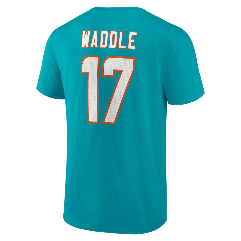 Jaylen Waddle Miami Dolphins Player Icon Name & Number T-Shirt Aqua