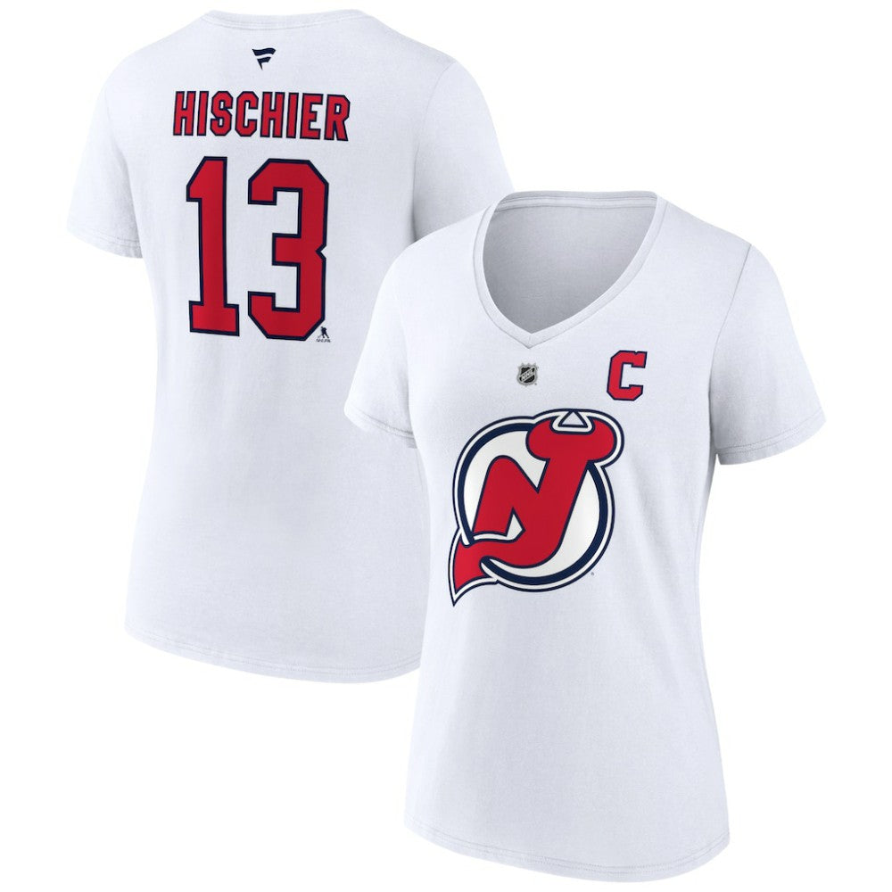 Nico Hischier New Jersey Devils Fanatics Women's Special Edition 2.0 Name & Number V-Neck T-Shirt - White - NHL 5079597