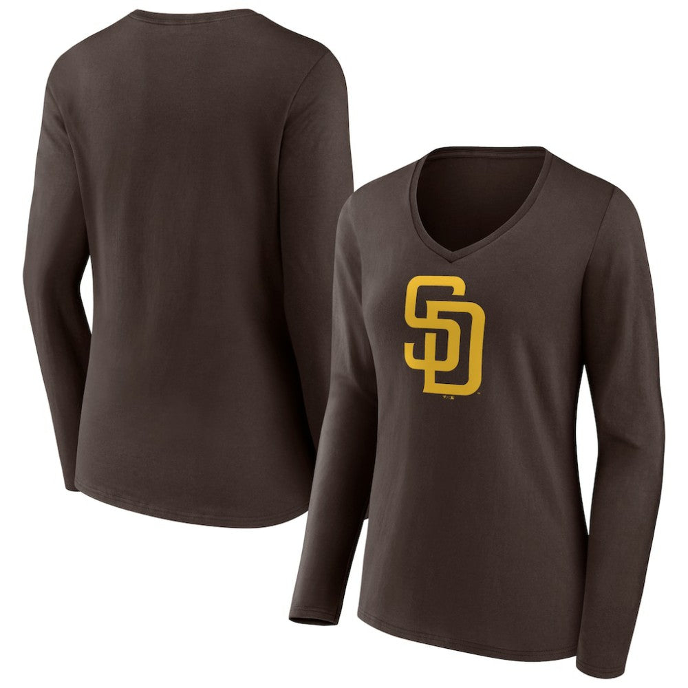 San Diego Padres Women's Team Logo Long Sleeve V-Neck T-Shirt - Brown - MLB Discount