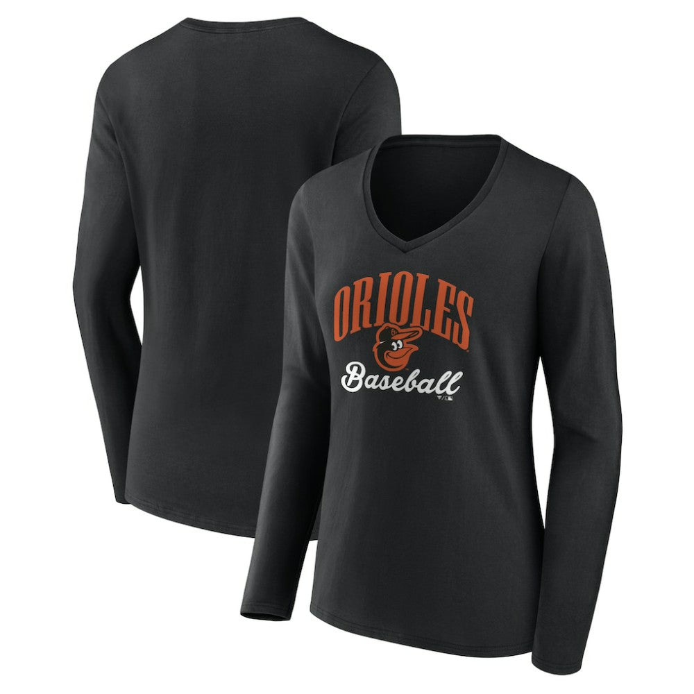 Baltimore Orioles Women's Victory Script Long Sleeve V-Neck T-Shirt - Black - MLB Discount