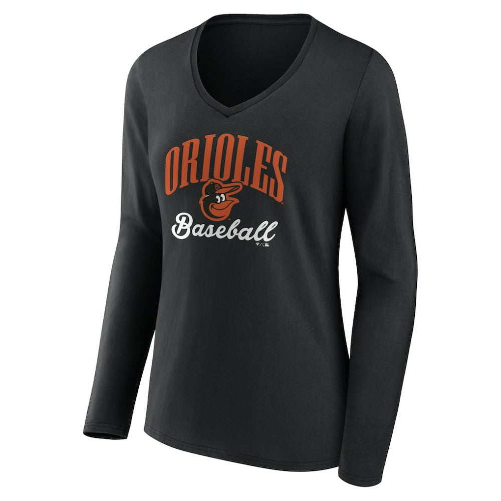 Baltimore Orioles Women's Victory Script Long Sleeve V-Neck T-Shirt - Black - MLB Discount
