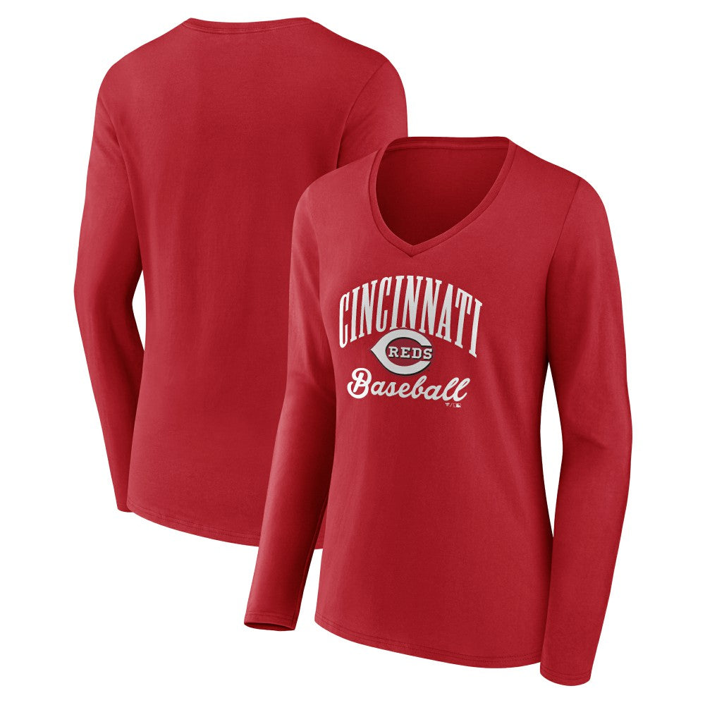 Cincinnati Reds Women's Victory Script Long Sleeve V-Neck T-Shirt - Red - MLB Online