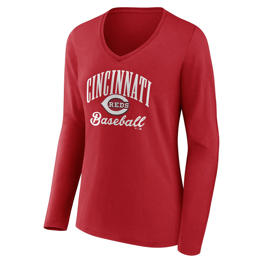 Cincinnati Reds Women's Victory Script Long Sleeve V-Neck T-Shirt - Red - MLB Online