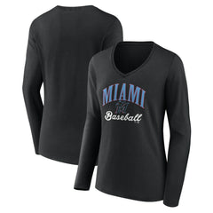 Miami Marlins Women's Victory Script Long Sleeve V-Neck T-Shirt - Black - MLB Lifestyle