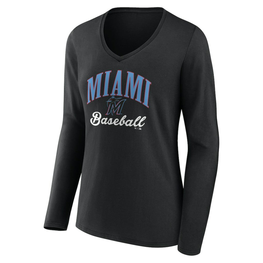 Miami Marlins Women's Victory Script Long Sleeve V-Neck T-Shirt - Black - MLB Lifestyle