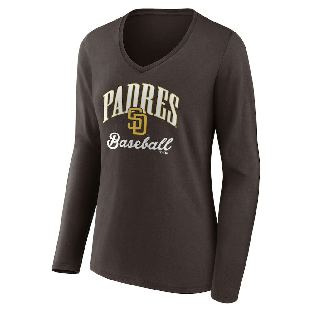 San Diego Padres Women's Victory Script Long Sleeve V-Neck T-Shirt - Brown - MLB Lifestyle