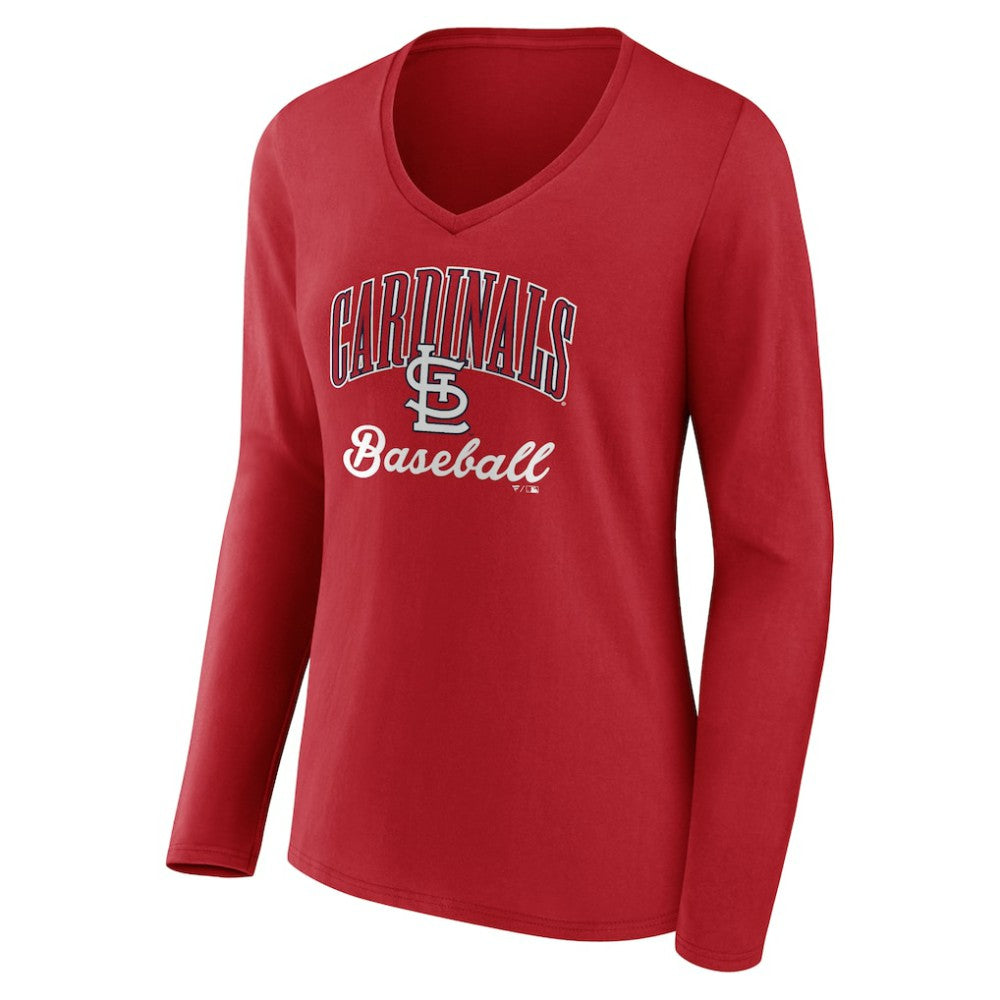 St. Louis Cardinals Women's Victory Script Long Sleeve V-Neck T-Shirt - Red - MLB Discount