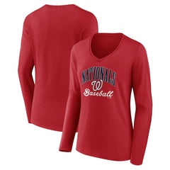 Washington Nationals Women's Victory Script Long Sleeve V-Neck T-Shirt - Red - MLB Sale