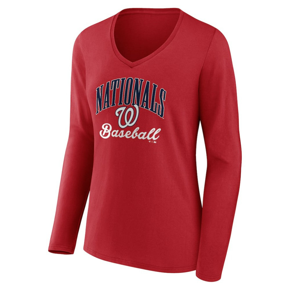Washington Nationals Women's Victory Script Long Sleeve V-Neck T-Shirt - Red - MLB Sale