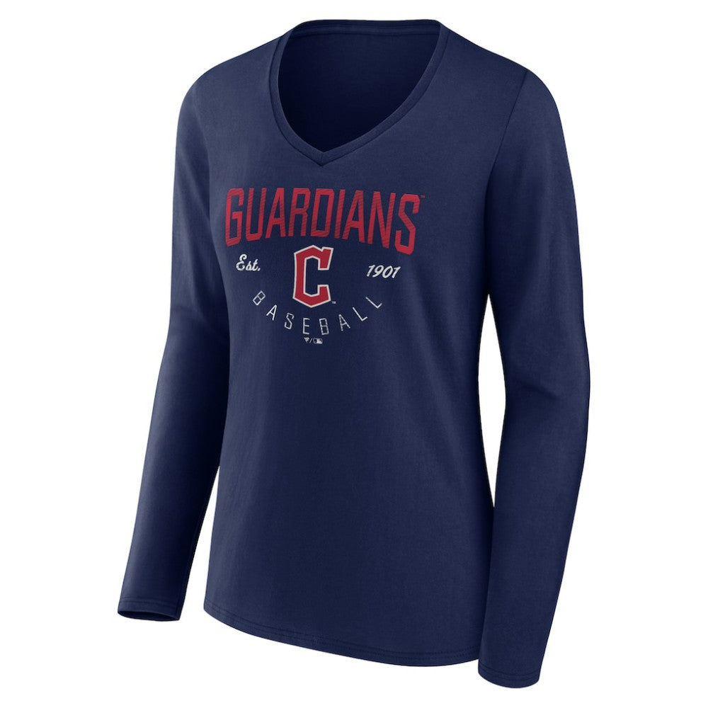 Cleveland Guardians Women's Live For It Long Sleeve Long Sleeve V-Neck T-Shirt - Navy - MLB Discount