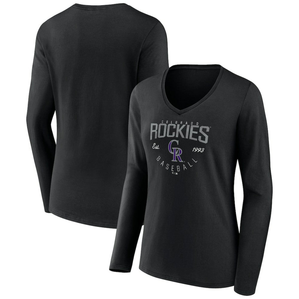 Colorado Rockies Women's Live For It Long Sleeve Long Sleeve V-Neck T-Shirt - Black - MLB Lifestyle