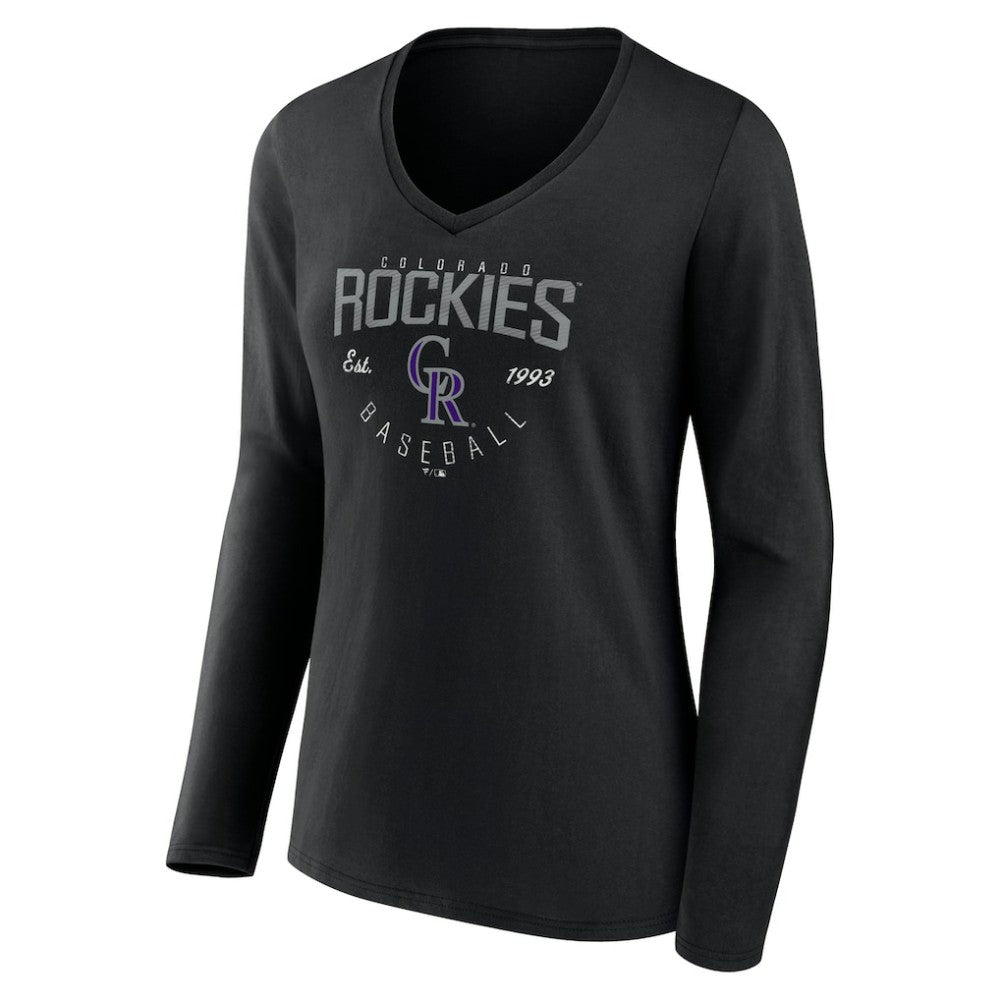 Colorado Rockies Women's Live For It Long Sleeve Long Sleeve V-Neck T-Shirt - Black - MLB Lifestyle