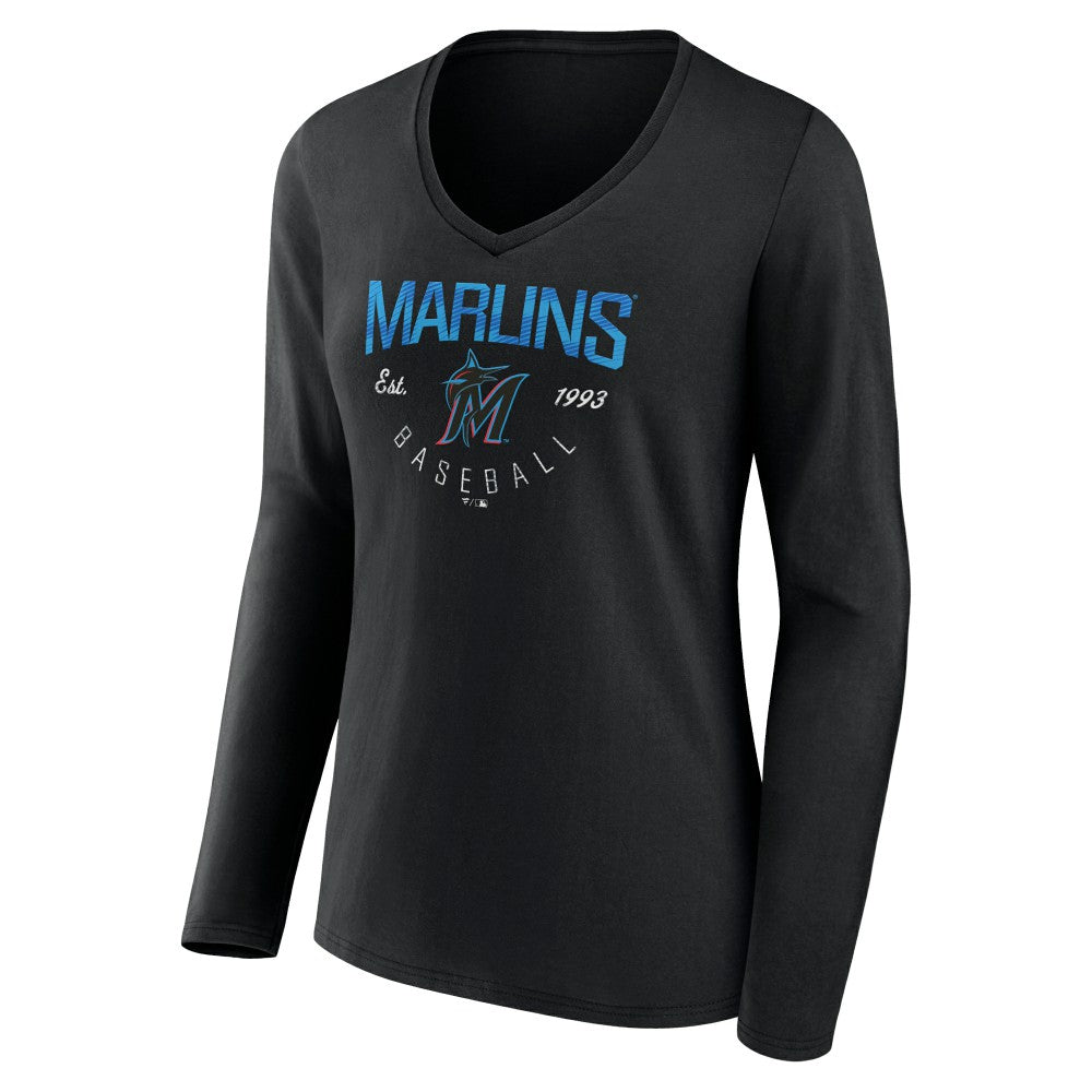 Miami Marlins Women's Live For It Long Sleeve Long Sleeve V-Neck T-Shirt - Black - MLB on Sale