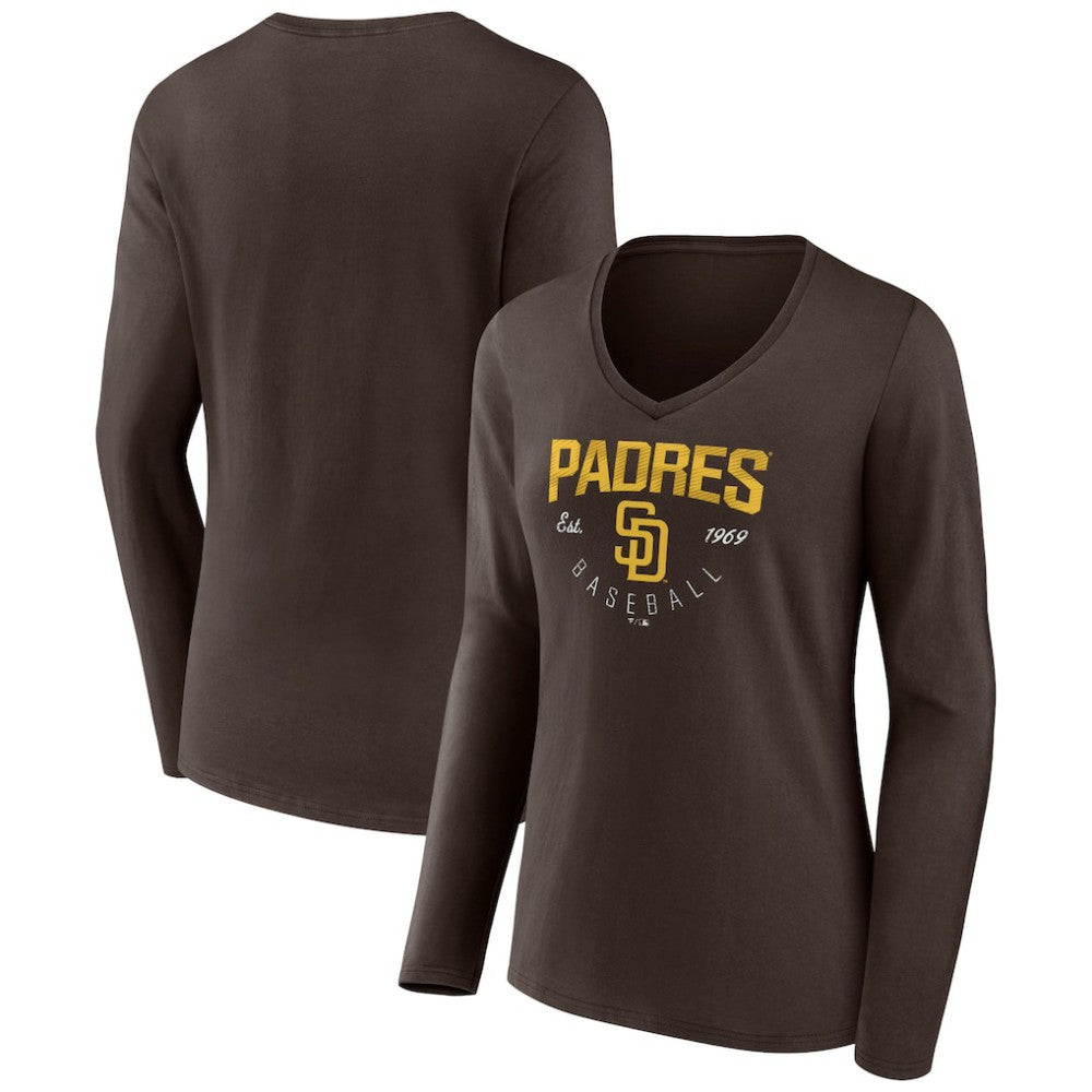 San Diego Padres Women's Live For It Long Sleeve Long Sleeve V-Neck T-Shirt - Brown - MLB Sale