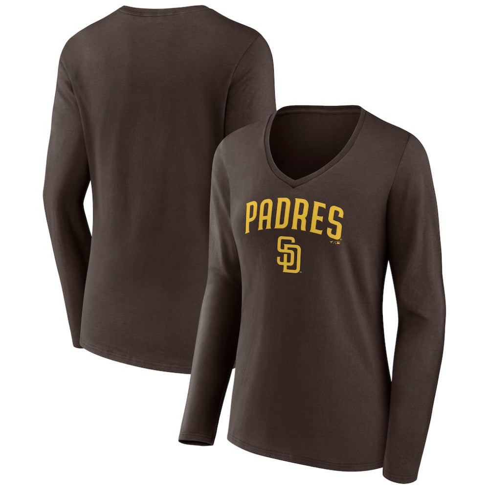 San Diego Padres Women's Team Lockup Long Sleeve V-Neck T-Shirt - Brown - MLB Lifestyle