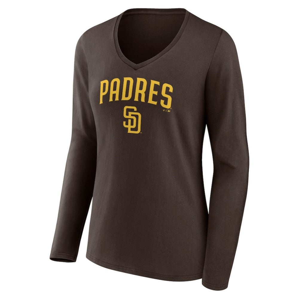 San Diego Padres Women's Team Lockup Long Sleeve V-Neck T-Shirt - Brown - MLB Lifestyle