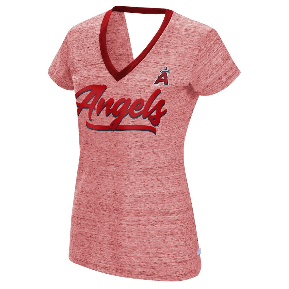Los Angeles Angels Touch Women's Halftime Back Wrap Top V-Neck T-Shirt - Red - MLB Lifestyle