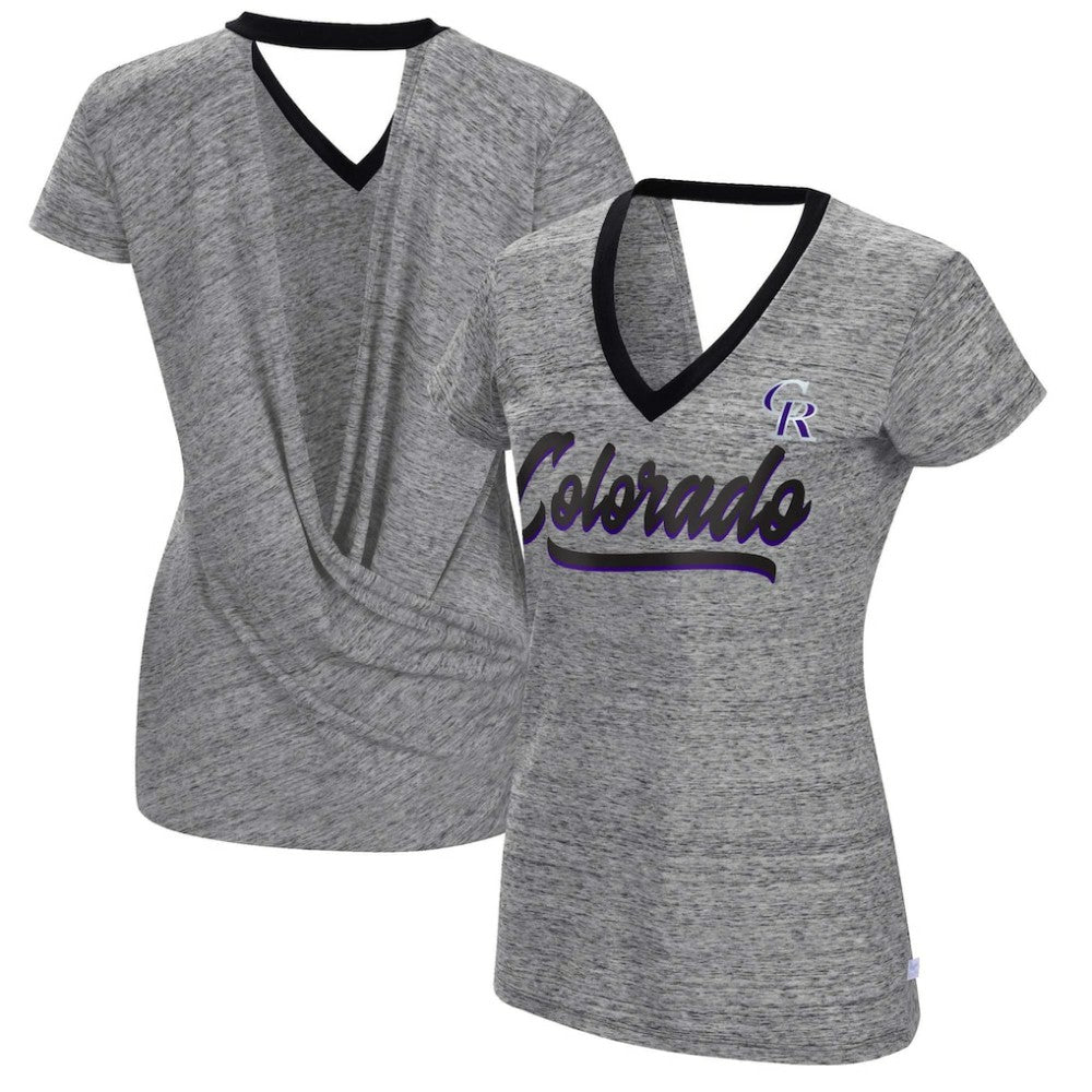 Colorado Rockies Touch Women's Halftime Back Wrap Top V-Neck T-Shirt - Black - MLB Sale