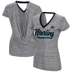 Miami Marlins Touch Women's Halftime Back Wrap Top V-Neck T-Shirt - Black - MLB Discount