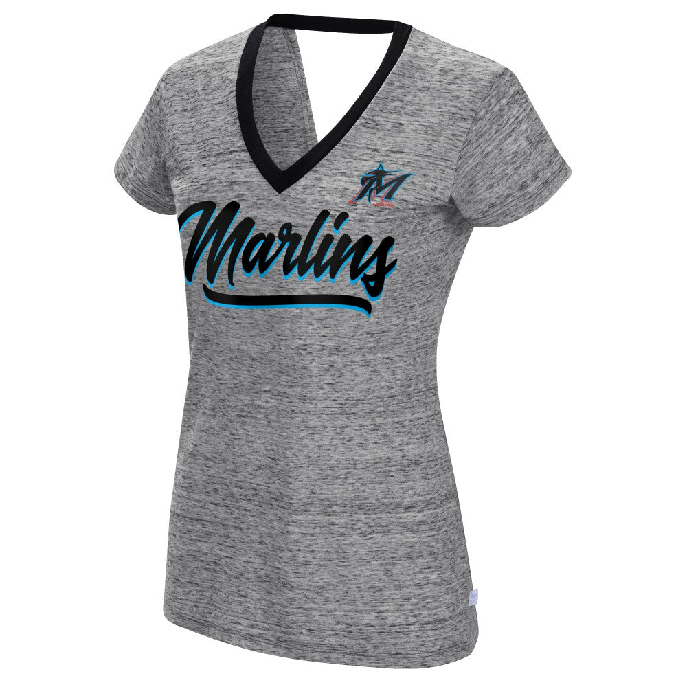 Miami Marlins Touch Women's Halftime Back Wrap Top V-Neck T-Shirt - Black - MLB Discount