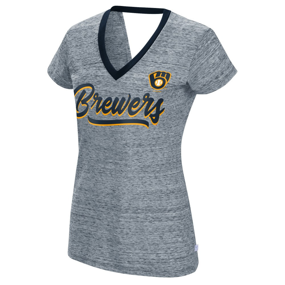 Milwaukee Brewers Touch Women's Halftime Back Wrap Top V-Neck T-Shirt - Navy - MLB Online