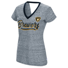 Milwaukee Brewers Touch Women's Halftime Back Wrap Top V-Neck T-Shirt - Navy - MLB Online