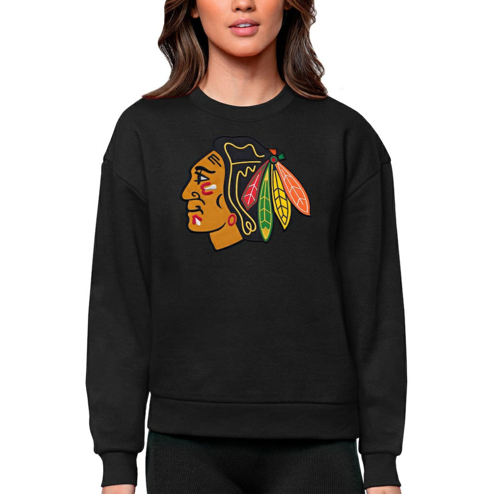 Chicago Blackhawks Antigua Women's Team Logo Victory Crewneck Pullover Sweatshirt - Black - NHL 5084213