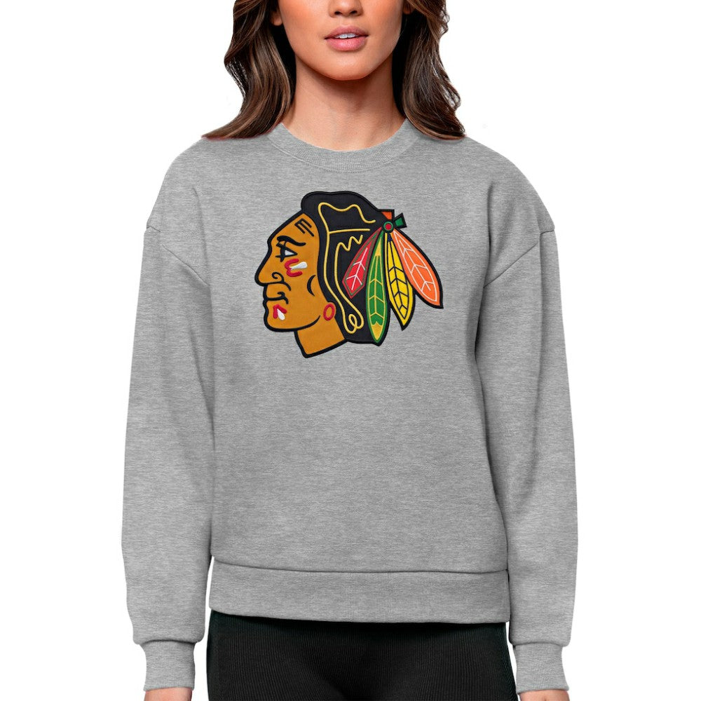 Chicago Blackhawks Antigua Women's Team Logo Victory Crewneck Pullover Sweatshirt - Heather Gray - NHL 5084214