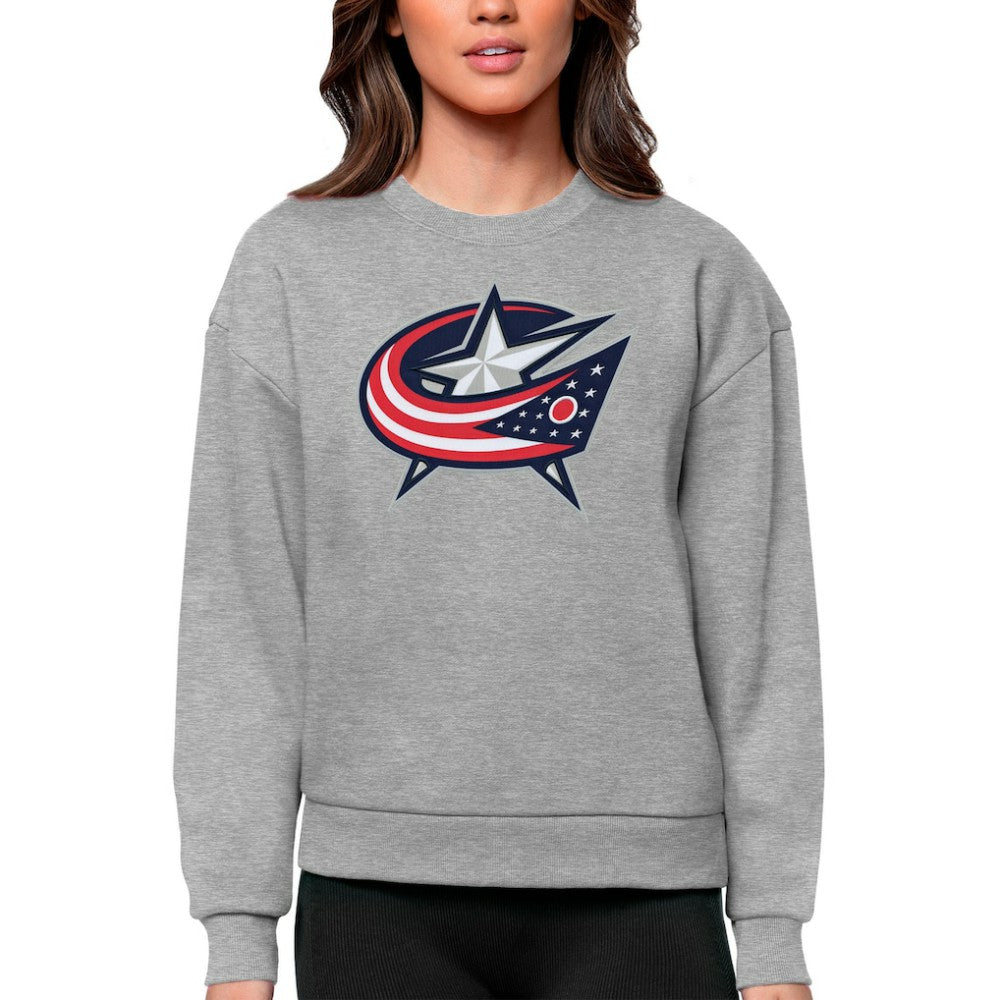 Columbus Blue Jackets Antigua Women's Team Logo Victory Crewneck Pullover Sweatshirt - Heather Gray - NHL 5084223