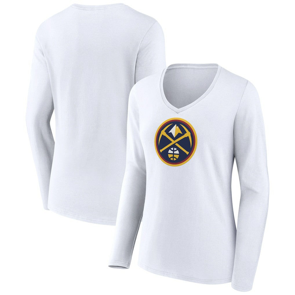 Denver Nuggets Women's Logo Long Sleeve V-Neck T-Shirt White