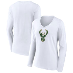 Milwaukee Bucks Women's Logo Long Sleeve V-Neck T-Shirt White