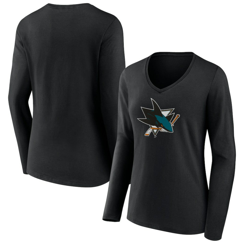 San Jose Sharks Women's Team Logo Long Sleeve V-Neck T-Shirt - Black - NHL 5088133