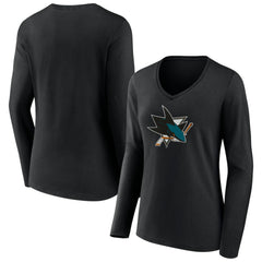 San Jose Sharks Women's Team Logo Long Sleeve V-Neck T-Shirt - Black - NHL 5088133